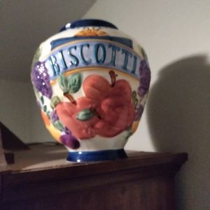 Vintage ceramic pottery hand painted fruit biscotti cookie jar decor farmhouse.